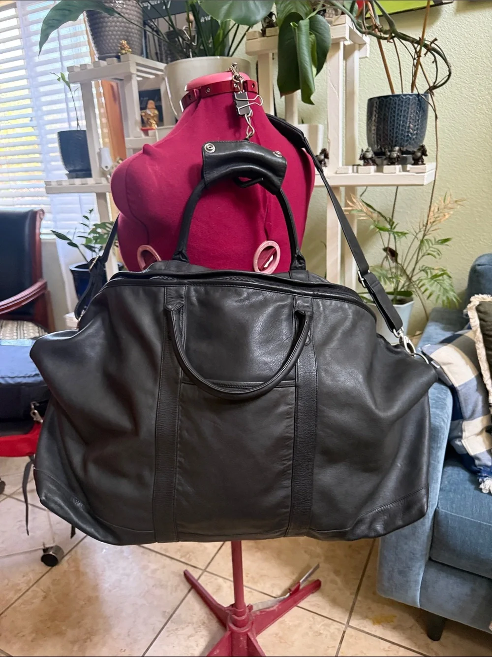 Vintage black leather travel duffle bag- soft leather